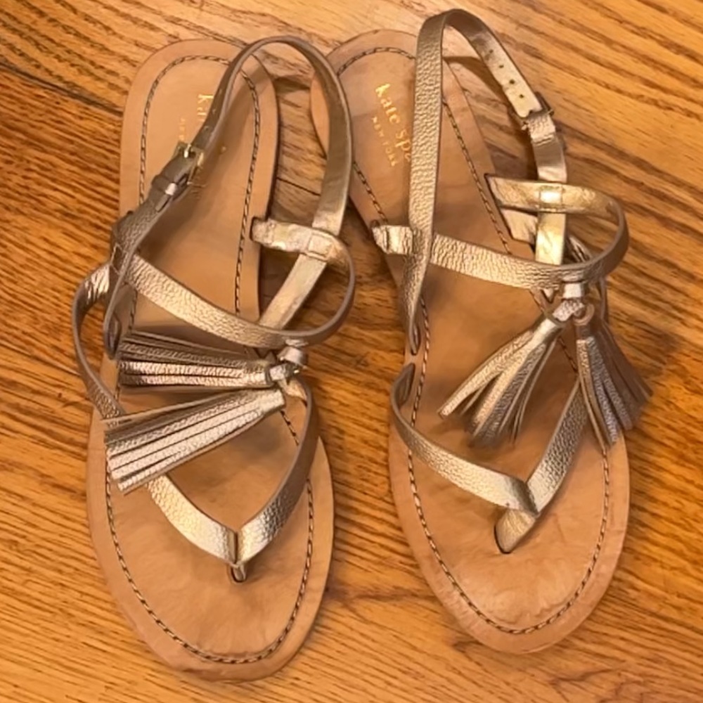 kate spade Metallic Gold Leather Tassel Thong Sandals
